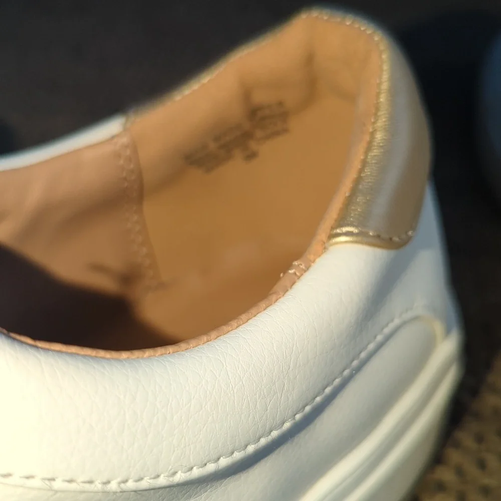 White Lace-Up LOFT Sneakers with Champagne Accents, Sz 9 - Picture 4 of 7